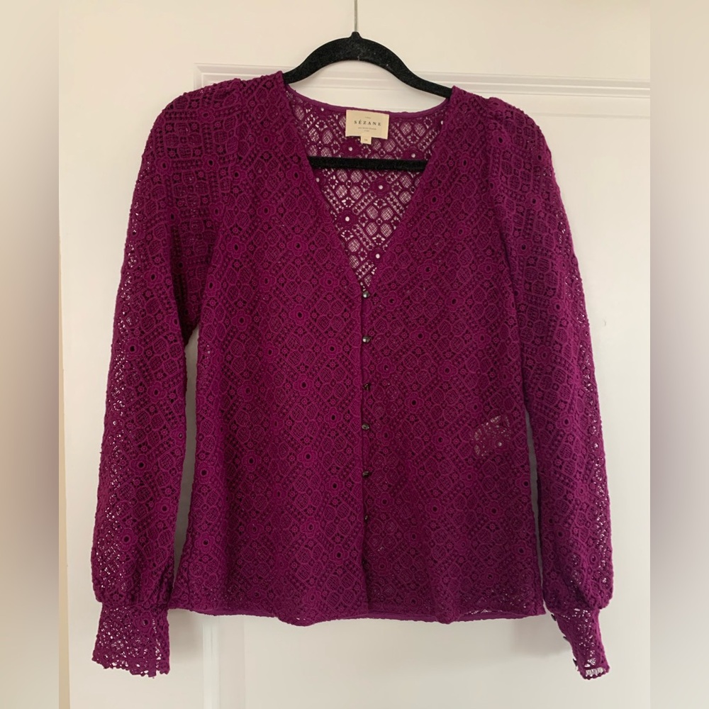 Sezane Gaya Blouse Magenta Lace Button-Up